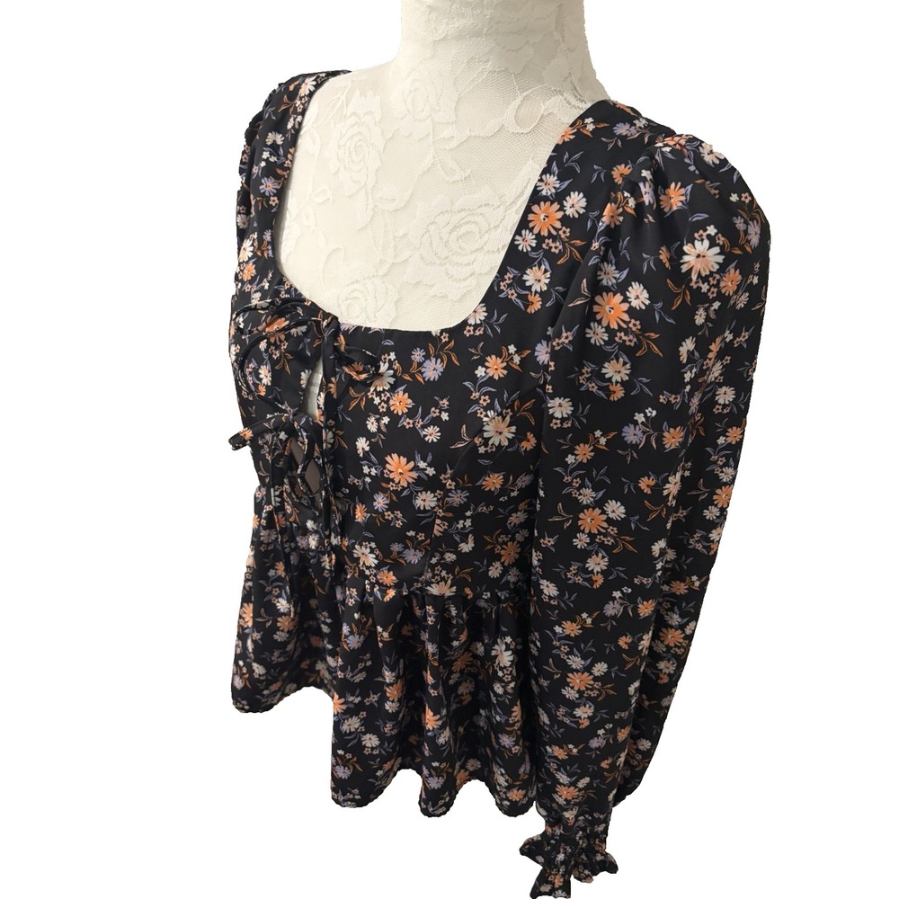 Y2K Black Floral Peplum Peasant Blouse~L~ Cropped Puff Slv Prairie Whimsygoth
